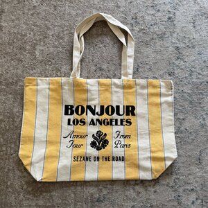 NEW Sezane Bonjour Los Angeles Yellow and White Striped Tote Bag